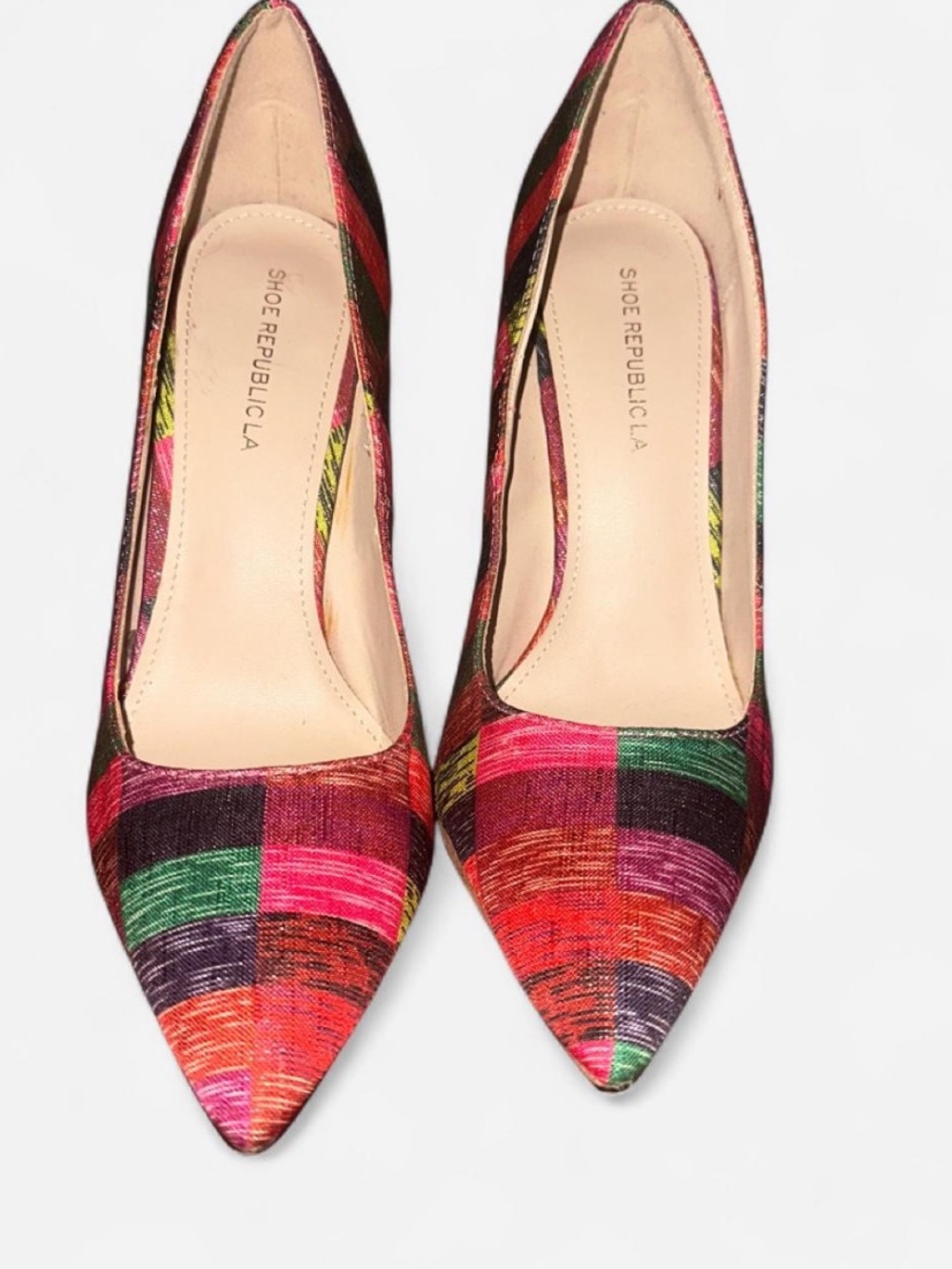 Shoe Republic LA Patchwork Pointed-Toe Pumps in Red, Pink, Green & Black